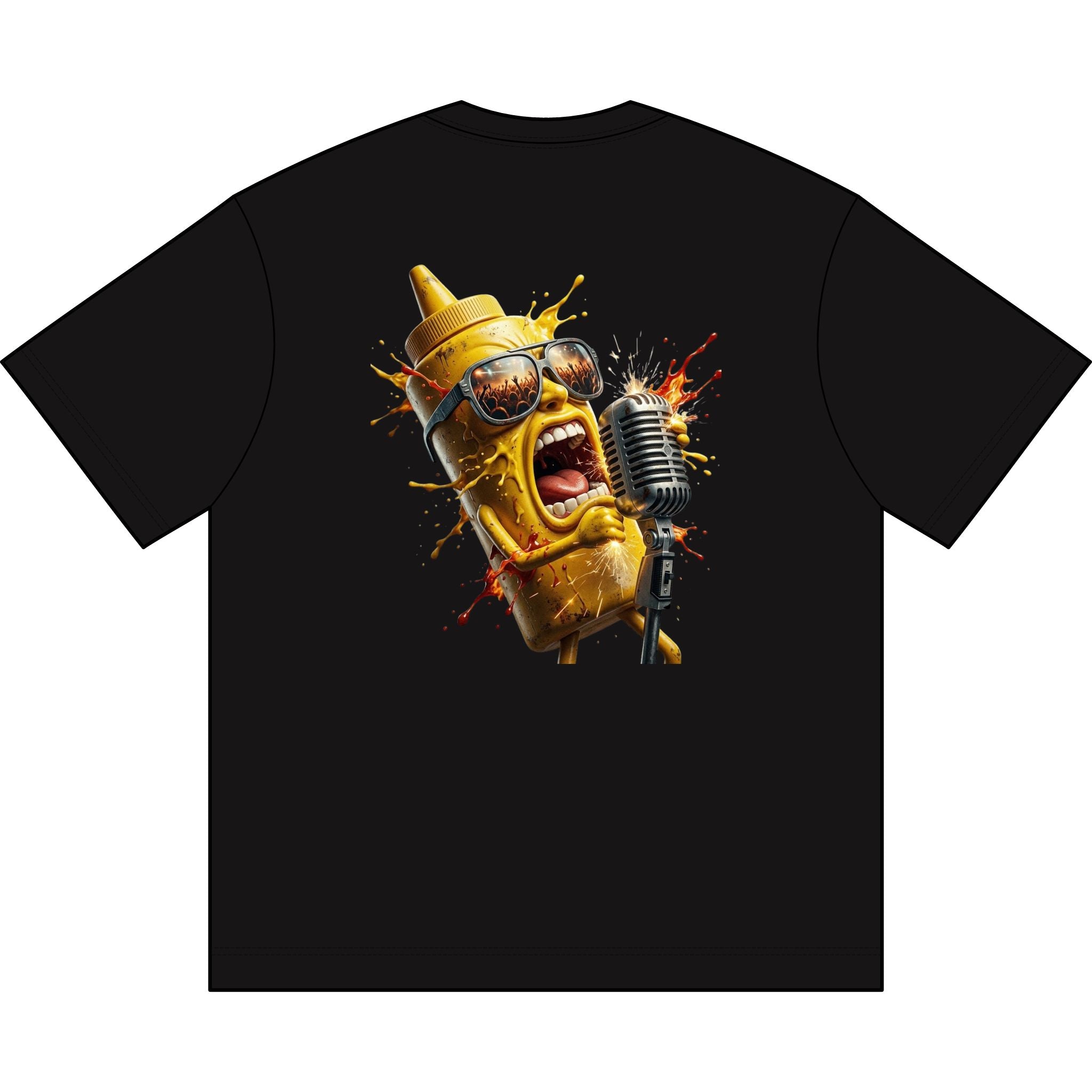 Screaming Mustard Bottle Graphic Tee — Retro Microphone & Sunglasses Novelty T-Shirt